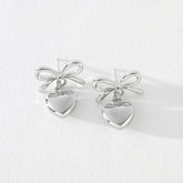 Juliet Bow Earrings with Heart Dangle in Silver